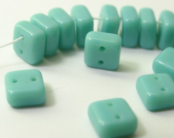 6mm 2 Hole Glass Beads Green Turquoise Squarelets 25 Pieces