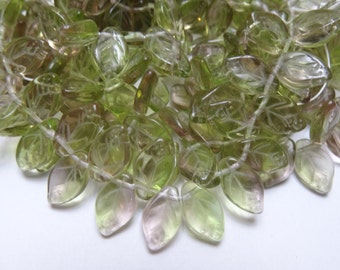 Czech Glass Leaf Beads 12x8mm  Amethyst / Peridot - Leaves  25 Pieces