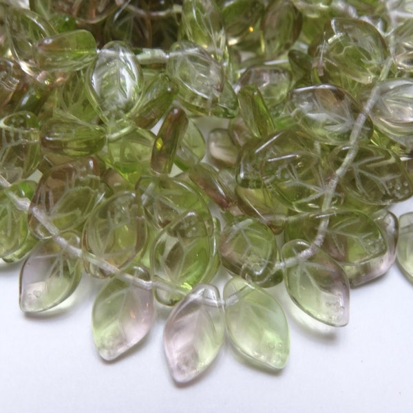 Czech Glass Leaf Beads 12x8mm  Amethyst / Peridot - Leaves  25 Pieces