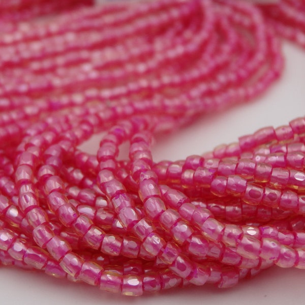 Glass 3 Cut 9/0 Seed Bead Topaz Hot Pink Lined  5 Strand Hank