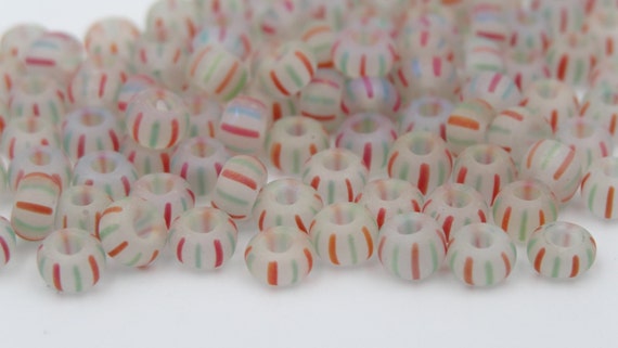 Czech Glass 6/0 Seed Bead Crystal Matte with Red and Green Striped    20 Grams