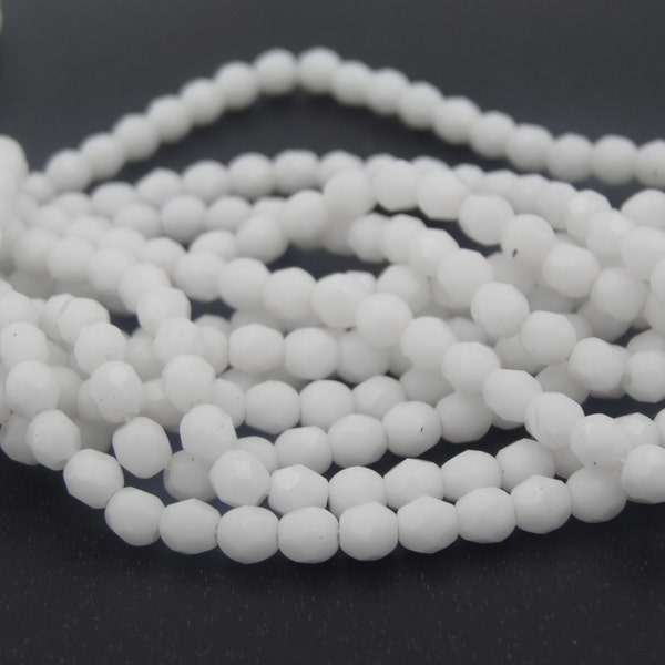 Czech Glass 4mm White Opaque Fire Polished Bead  50 Pieces