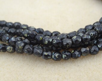 4mm Coin Fire Polished Faceted Jet Picasso Beads 50 Pieces