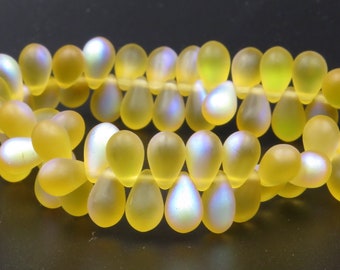 Topaz Matte AB 6x9mm Teardrop Czech Glass Beads  25 Pieces