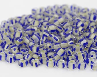 Czech Glass 6/0 Seed Bead Crystal White Lined Blue Striped    20 Grams
