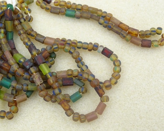 Czech Glass 6/0 Aged Matte Transparent Striped Seed Bead and Opaque Baby Pillow Bead Mix 3 Strands.