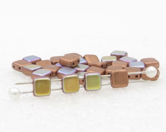 6mm Two Hole Tile Glass Beads - CzechMates  - Matte Rosegold AB   30 Pieces