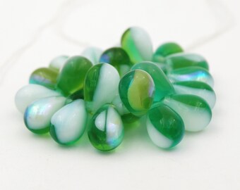 Glass Teardrop Beads 6x9mm Mint Swirl AB  25 Pieces