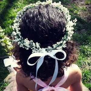 Flower hair piece crown made with faux baby's breath and satin ribbon, toddler, girls,flower girl, wedding, customizable image 1