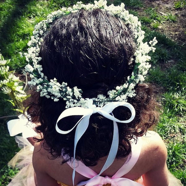 Flower hair piece crown made with faux baby's breath and satin ribbon, toddler, girls,flower girl, wedding, customizable