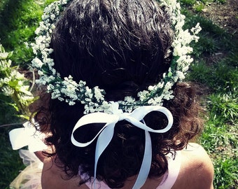 Flower hair piece crown made with faux baby's breath and satin ribbon, toddler, girls,flower girl, wedding, customizable