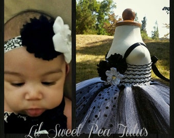 Fancy Black and White Dress, Headband, and Barefoot Sandals for Infants, Baby Girls