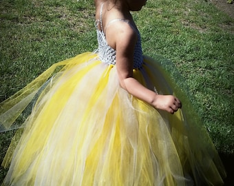 Grey Yellow Tulle Dress, Fancy Tutu Dress for Infants, Toddlers, Girls, Customizable