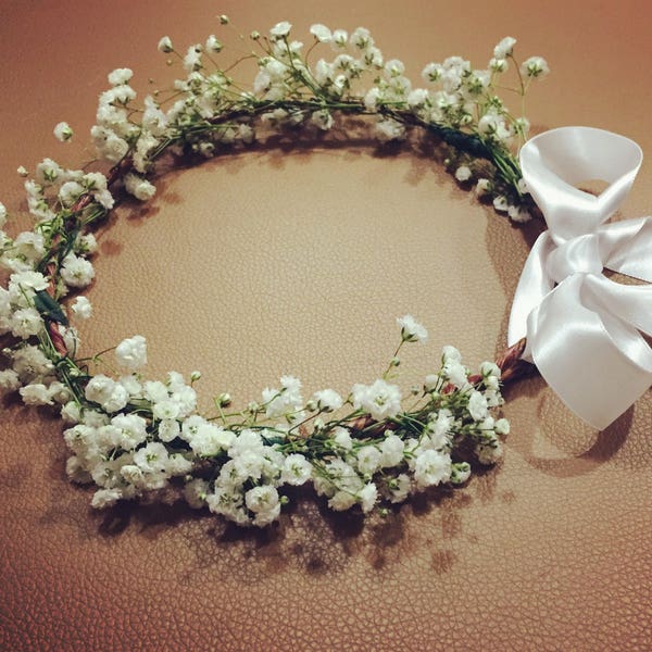 Flower hair piece crown made with real baby's breath and satin ribbon, toddler, girls,flower girl, wedding, customizable