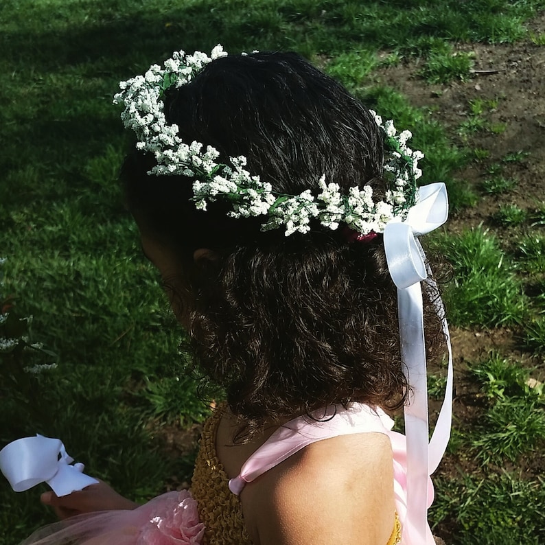 Flower hair piece crown made with faux baby's breath and satin ribbon, toddler, girls,flower girl, wedding, customizable image 2