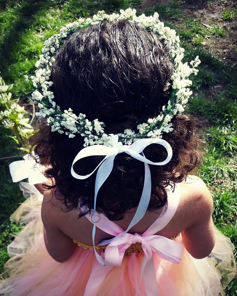 Flower hair piece crown made with faux baby's breath and satin ribbon, toddler, girls,flower girl, wedding, customizable image 1