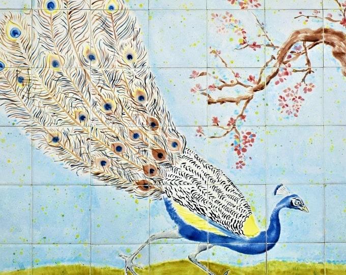 Kitchen Backsplash Tiles, Peacock and Cherry Tree, HANDMADE, Splashback, HAND PAINTED Tiles, Ceramic Tile, Unique design.