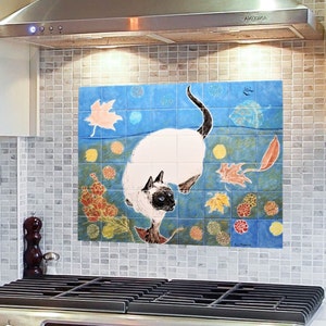 Siamese Cat, HANDMADE, Kitchen Backsplash, Stove backsplash, HAND PAINTED tiles, Splashback, Original Design, Stove back cover