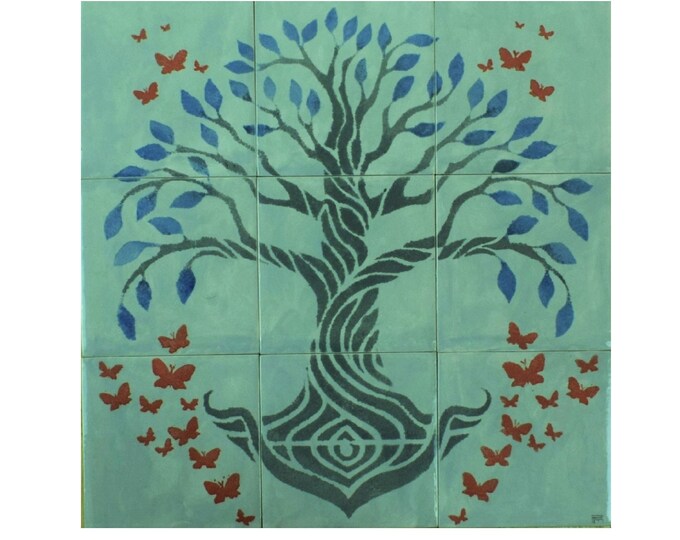 Hand painted Tree of Life Kitchen Backsplash, Unique Home Decor, Custom Art Tile, Handmade Gift