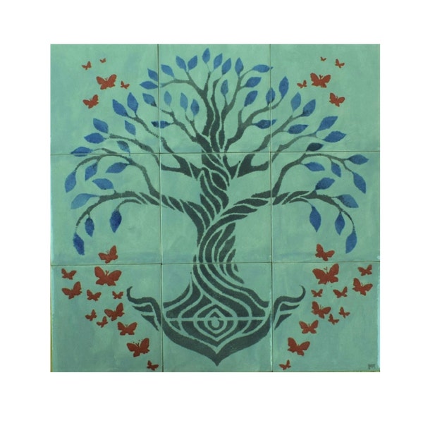 Hand painted Tree of Life Kitchen Backsplash, Unique Home Decor, Custom Art Tile, Handmade Gift