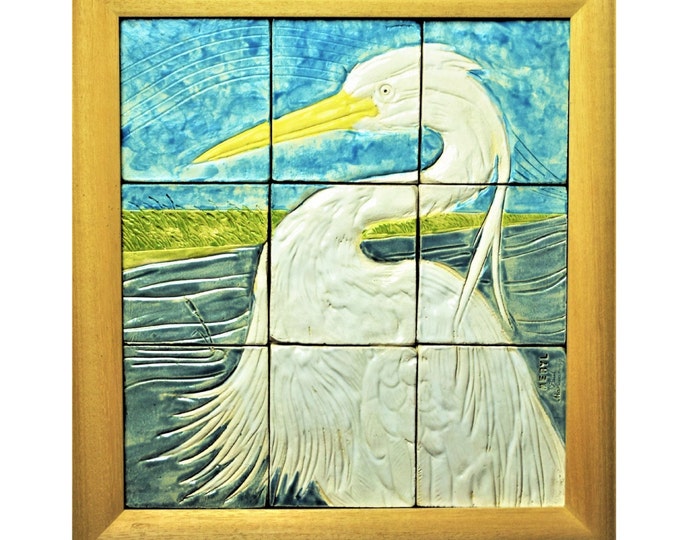 Tile Mural, Hand painted, Ceramic Tile, White Heron, Wall Art, Framed and ready to hang.