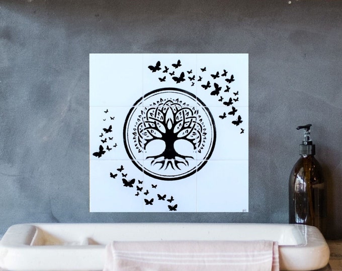 Handmade Black and White, Tree of Life, Backsplash, Hand Painted Tiles, Kitchen, Stove, Splashback, original and unique design