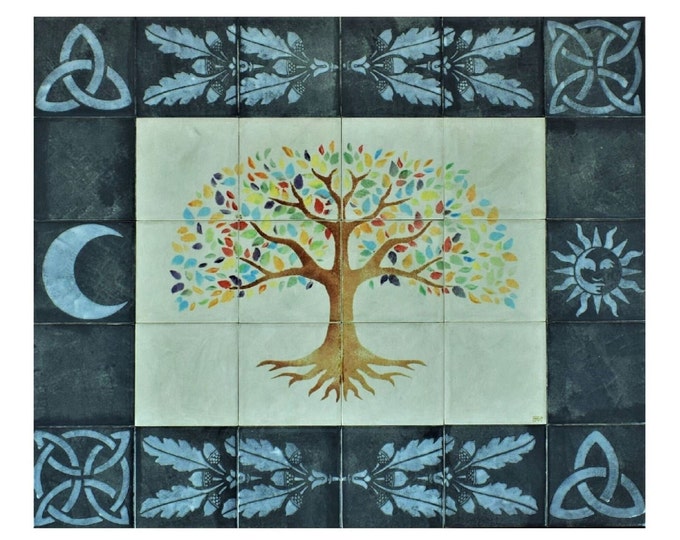 Tree of Life, Grey Border, HANDMADE, Kitchen Backsplash, HAND PAINTED tiles, Tree of Life, Splashback.