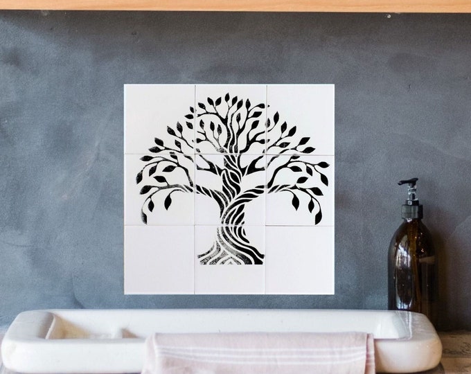 Bespoke Tree of Life Kitchen Backsplash, Hand painted Ceramic Tile, One of a Kind Art, Handmade Decor