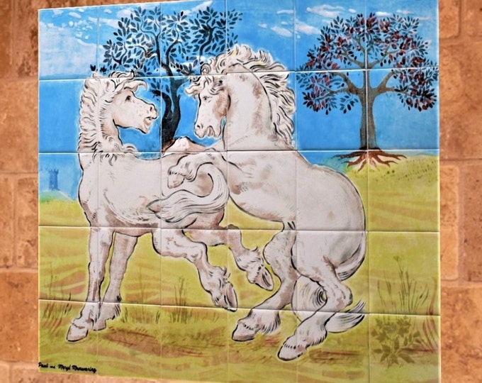 Hand Painted Ceramic Tiles, Unique Design, Kitchen Backsplash, White Horses, Long Lasting Tile Art