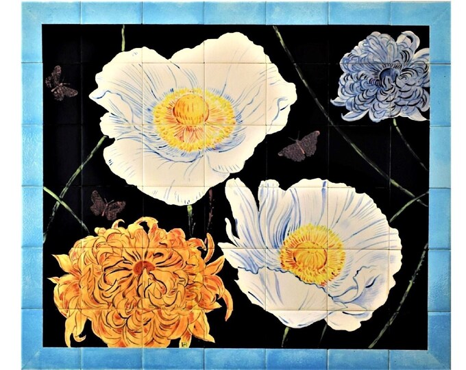 Kitchen Backsplash Tiles, HANDMADE, Splashback, HAND PAINTED Ceramic tiles, Flowers, Floral Art, Stove Art, One of a Kind, Unique Bespoke