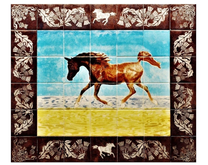 Kitchen Splashback, HANDMADE, Arabian horse, HAND PAINTED, Glazed Ceramic Tile Mural, Stove, Bathroom, One off, Bespoke design.