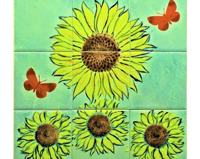 Stove Backsplash, Hand Painted Tiles, Sunflowers and Butterflies, kitchen Art