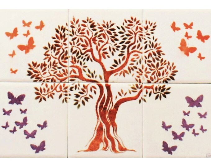 Tree of Life Backsplash with Butterflies, Handmade Ceramic Tiles for Kitchen/Bathroom Wall Tile - Decorative Tile