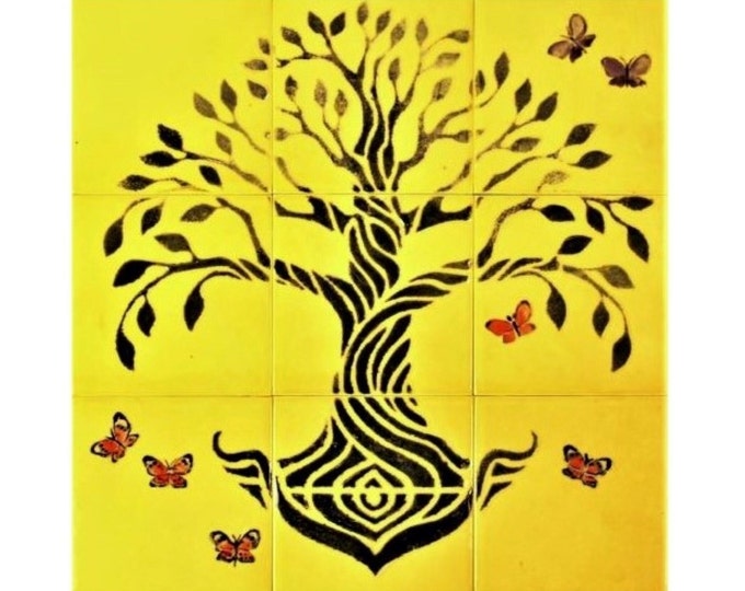 Unique Hand painted Tree of Life Kitchen Backsplash, Custom Handmade Art Tile, Bespoke Backsplash Design