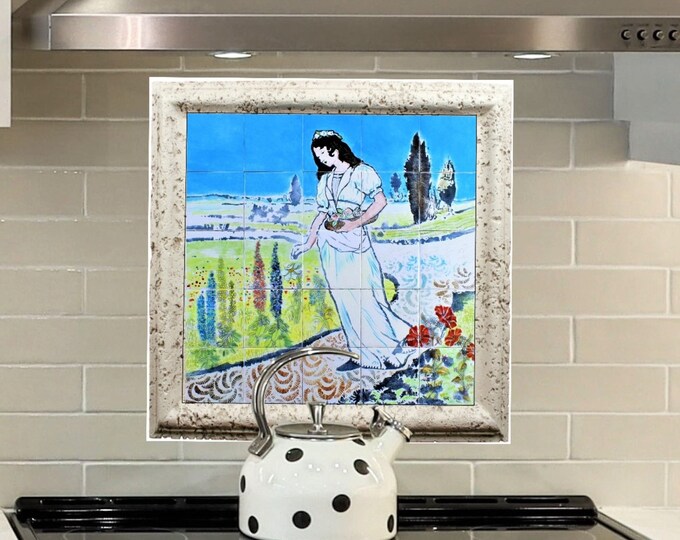 Backsplash tile kitchen, Hand painted tiles, Custom ceramic tile, Original One-off tile painting, Perfect Summer Garden.