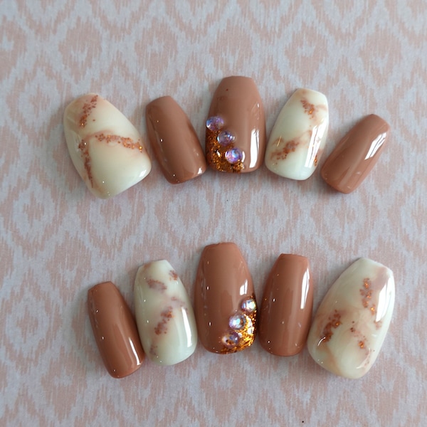 ResinFairyTales White Marble Press on Nail, Brown color and Rhinestone False Nails