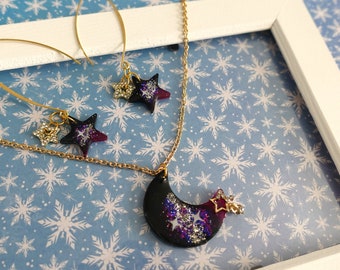 ResinFairyTales set of 2 Galaxy, Moon and Star Necklace and Earrings/ Night Sky Earrings/ Space Necklace and Earrings/ Resin Jewelry