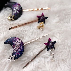 Galaxy Haarspangen: Harz Mond und Stern Bobby Pins, 2er Set