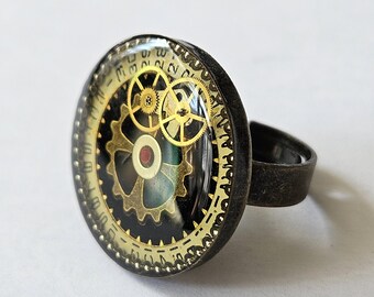 Steampunk Resin Gear Ring – Antique Brass Statement Jewelry – Industrial Watch Parts (25mm)
