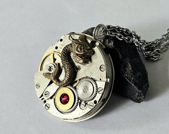 Steampunk Dragon Necklace – Vintage Watch Movement Pendant with Swarovski Crystal, Industrial Fantasy Jewelry