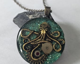 Steampunk Octopus Pendant Necklace, Teal Glitter Resin, Victorian Nautical Brass Gear Jewelry