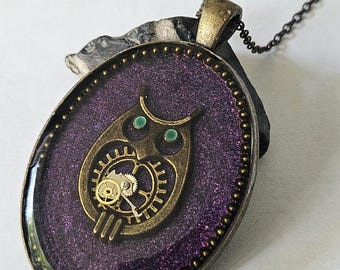 Steampunk Owl Pendant Necklace, Resin Watch Gears, Victorian Gothic Jewelry