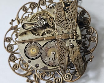 Steampunk Dragonfly Necklace, Vintage Pocket Watch Mechanism Pendant, Brass Filigree, Swarovski Crystal Beads