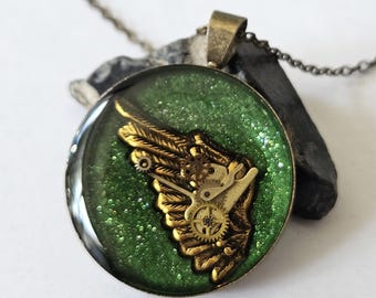 Steampunk Wing Pendant Necklace, Victorian Gear Jewelry, Emerald Green Resin Necklace
