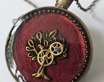 Steampunk Tree Resin Pendant, Victorian Gear Necklace, Aged Brass Style
