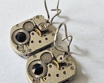 Steampunk Watch Movement Earrings, Mechanical Gear, Swarovski Crystal, Gothic Industrial Jewelry