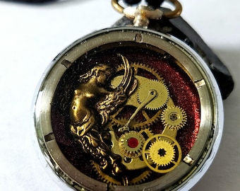 Steampunk Winged Goddess Necklace, Vintage Watch Movement Pendant, Brass Charm, Adjustable Cord