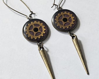Steampunk Resin Gear Dangle Earrings, Brass Spike Industrial Gothic Jewelry