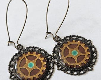 Steampunk Filigree Earrings, Brass Gear Resin Dangle Jewelry, Turquoise Accent