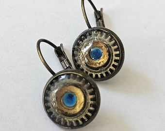 Handmade Steampunk Resin Earrings, Brass Gear Blue Dainty Drop Jewelry